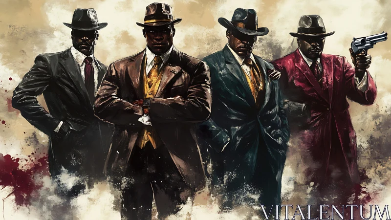 Four suited gangsters in fedoras with gritty painted style.