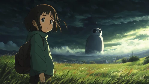Solitary child in stormlit field facing colossal robot sentinel.