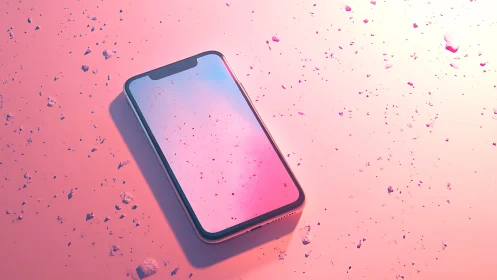 Softly glowing smartphone rests in a dreamy pink dust field