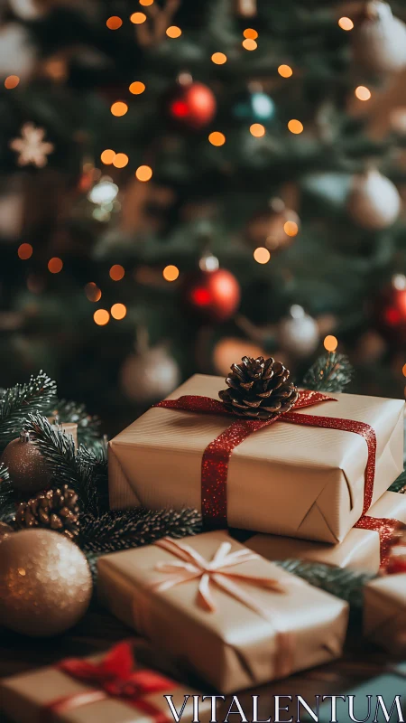 Shallow depth holiday bokeh isolates wrapped gifts and pinecones
