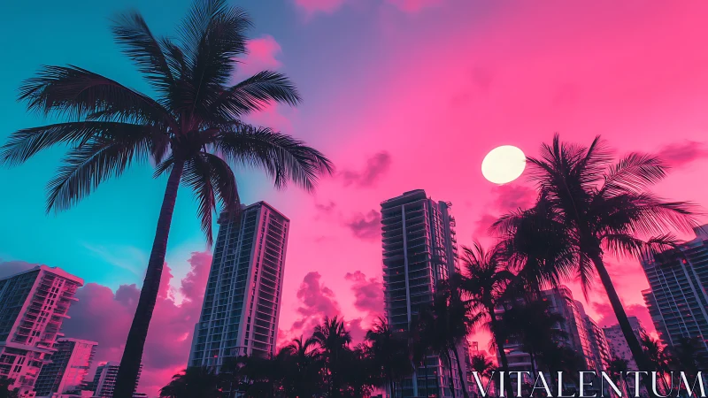 Palm trees and high-rise towers under dual-tone sunset sky