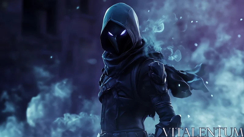 Hooded spectral warrior with glowing eyes in blue mist.