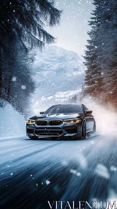 Winter-drive sports car slicing through a snowy forest road.
