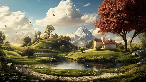 Digital pastoral landscape with alpine cottages and pond.