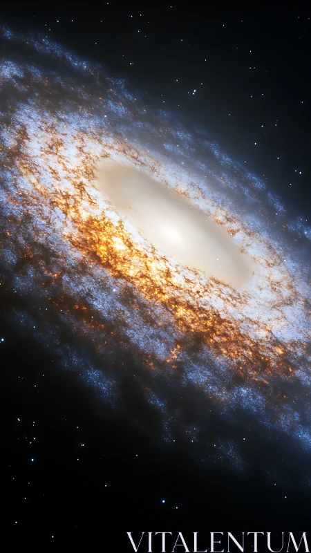 Oblique barred spiral galaxy render with luminous dust halo.