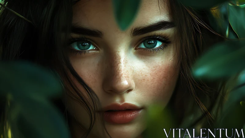 Emerald-eyed portrait framed by lush botanical foreground.