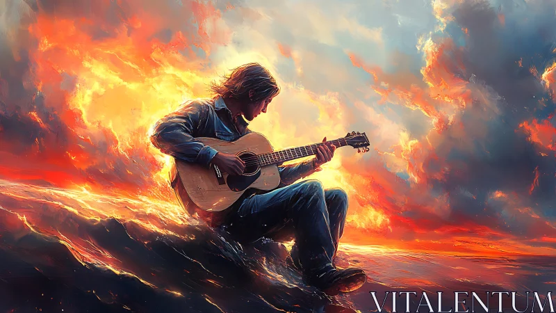 Guitarist sits on turbulent sea under vivid fiery sky