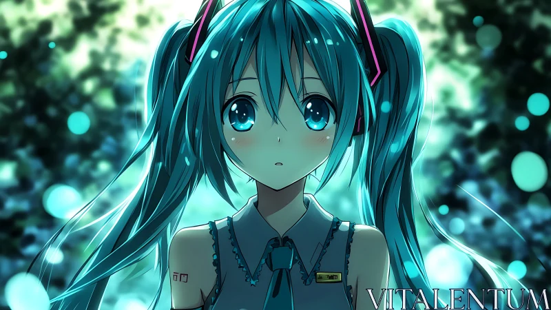 Blue-haired anime girl stands under glowing bokeh lights.