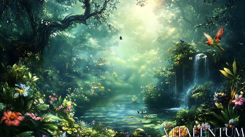 Emerald forest lagoon where jeweled birds guard quiet waterfalls.