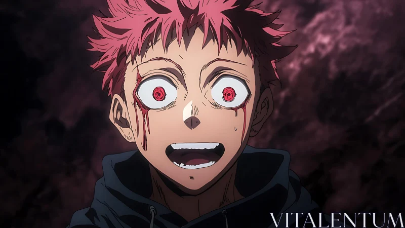 Cursed grin ignites crimson eyes in stormy anime gloom