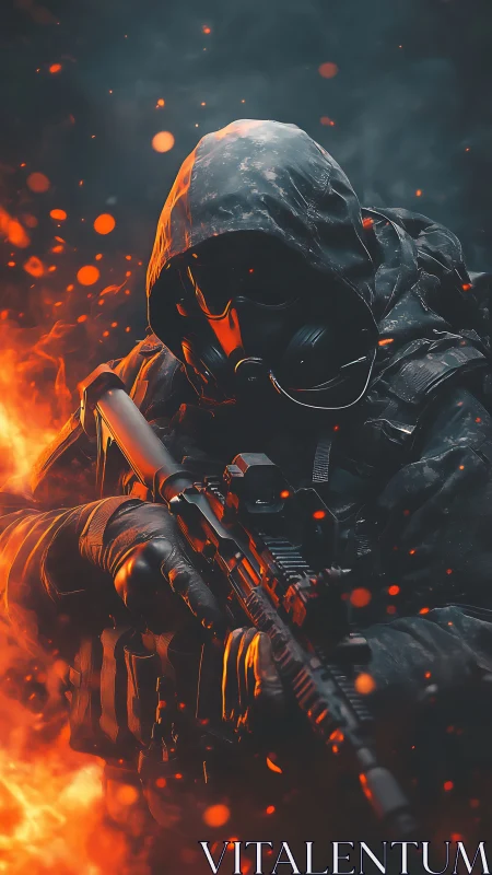 Hooded tactical soldier advances through blazing inferno.