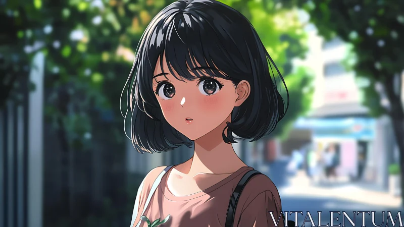 Summer street moment with a shy, soft-eyed anime girl.