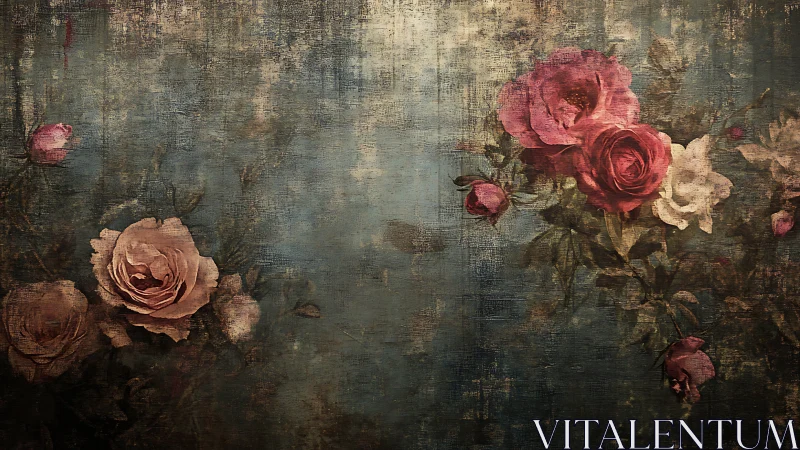 Vintage rose bouquet on distressed teal textured canvas.