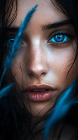 Close-up digital portrait with blue eyes and foliage detail.