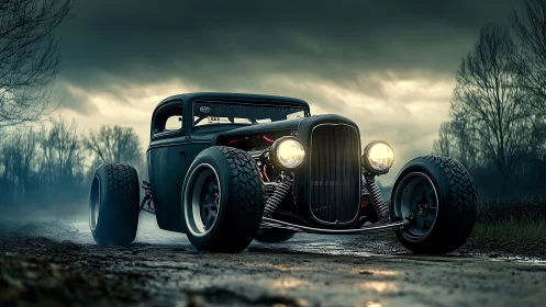 Stormlit hot rod rumbles down a misty country dirt road