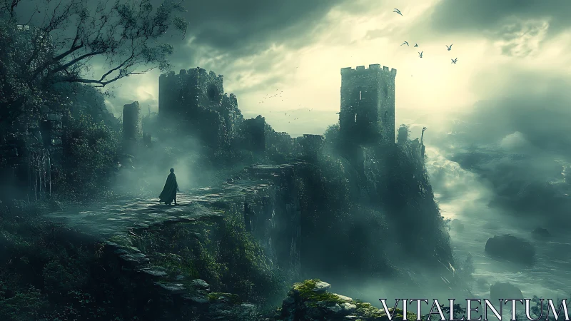 Lone wanderer crossing misty cliffs toward ancient ruins.