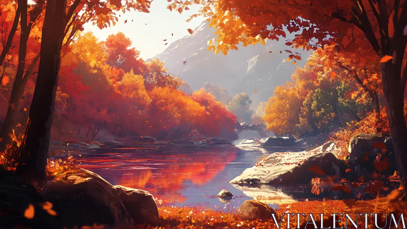 Crimson trees lean inward while the quiet river mirrors fire