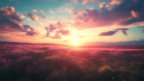 Sunset illuminates wide grassy plain under colorful clouds