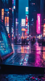 Cyberpunk rain-soaked laptop in neon urban perspective study.