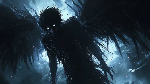 Dark winged humanoid figure in cold luminous abyss.