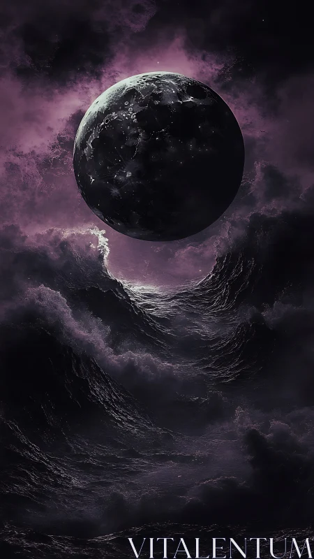 Dark moon hovers above storm-tossed violet ocean waves