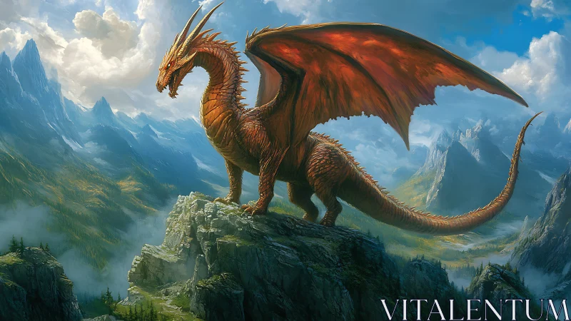 Red scaled dragon positioned on rocky peak in mountains.