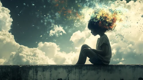 Child silhouette with exploding cosmic dreamscape sky