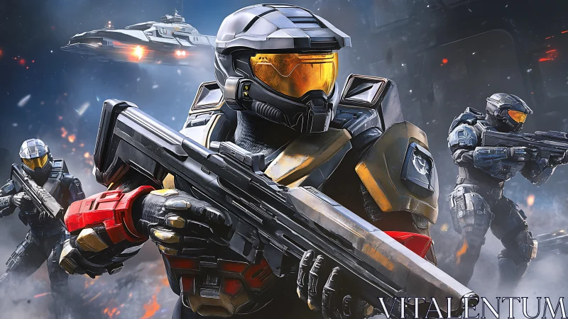 Armored space marines advancing with rifles in combat.