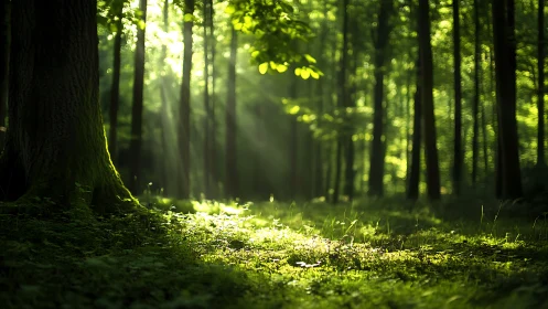 Sunlit Forest Floor with Lush Greenery in Morning Light, Realistic Style.
