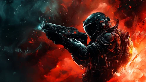 Star-soaked soldier carves neon fire through cosmic smoke