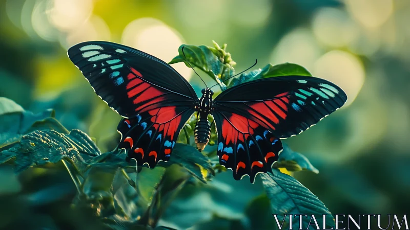 Vibrant tropical butterfly rests on dewy green foliage