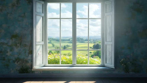Sunlit casement window framing stratified rural panorama.