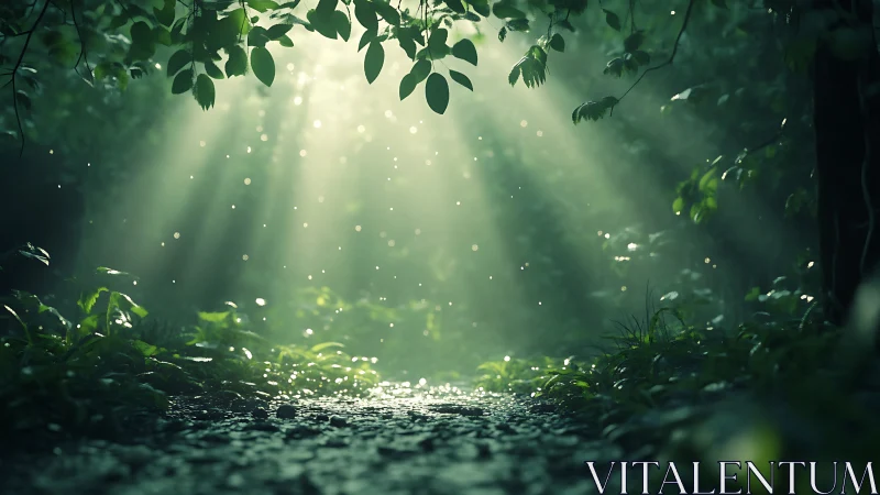 Forest Magic Through Dappled Sunlight and Mist