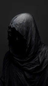 Textured black hooded figure in high-contrast low-key lighting.