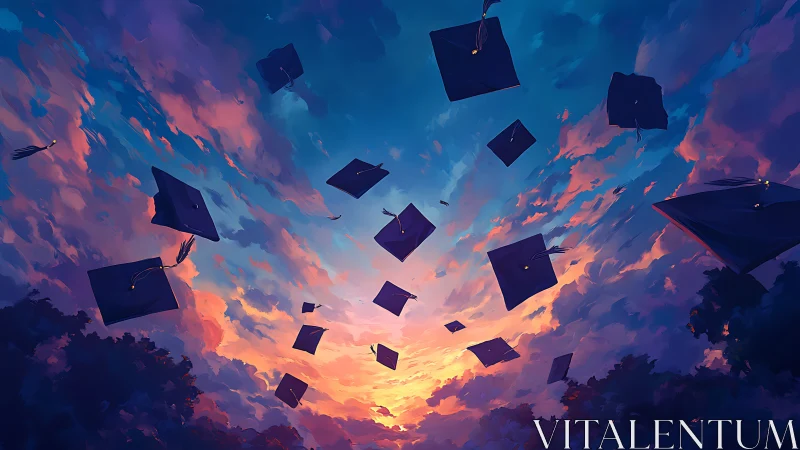 Graduation caps suspended against multicolor evening sky.