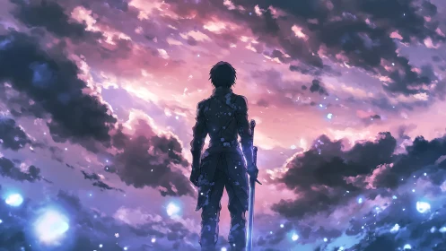 Silhouetted swordsman stands under glowing violet sunset sky