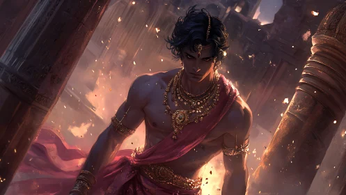 Warrior prince strides through burning ruins with dynamic rim lighting