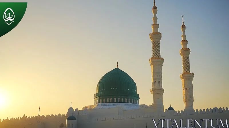 Green dome and twin minarets at sunrise over mosque