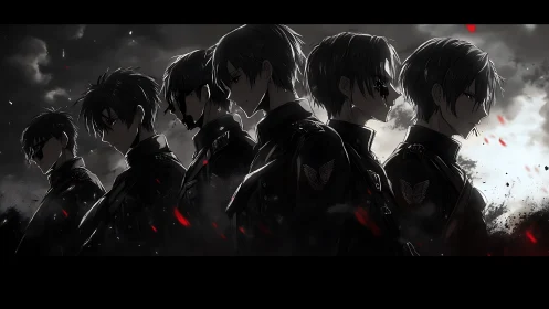 Dark anime squad in uniform under stormy battlefield sky.