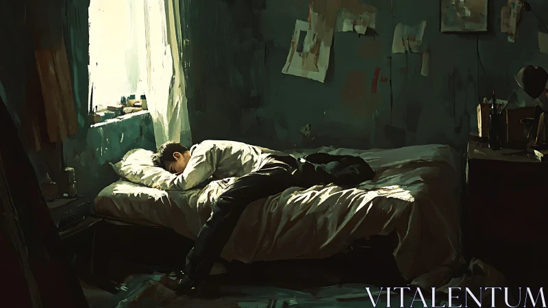 Solitary figure resting on bed in dimly lit bedroom.