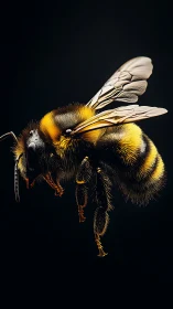 Side profile of detailed bee isolated on dark background.
