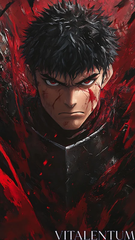 Bloodstained anime warrior portrait in dark red field.