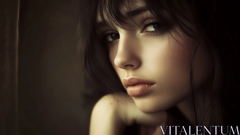 Soft-lit portrait of pensive young woman in close focus.