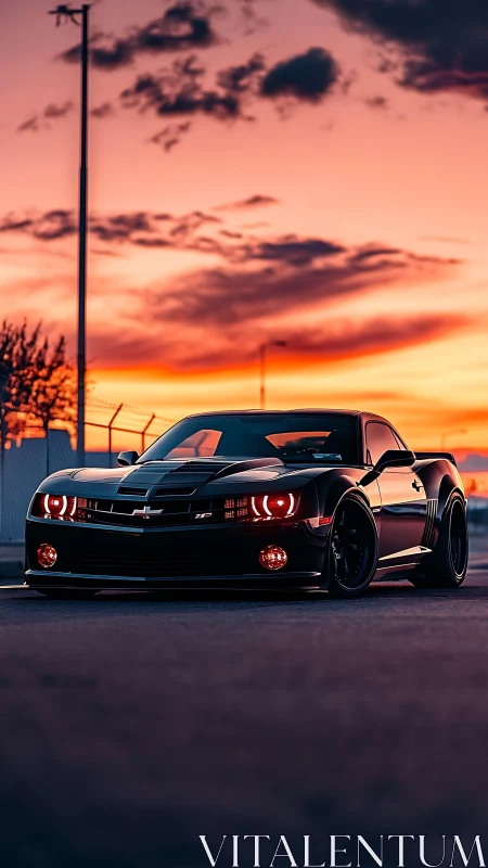 Lowered Chevrolet Camaro ZL1 at dusk with vivid sunset sky