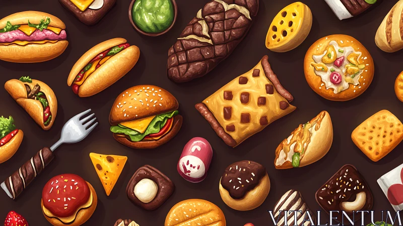 Playful parade of illustrated fast food and candy treats.