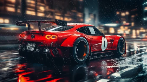 Red race car in wet neon city street at night scene.