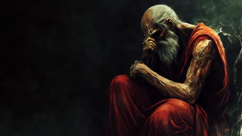 Weathered sage rests in deep, sorrowful meditation