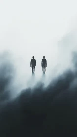 Bilateral human silhouettes suspended in atmospheric fog field.