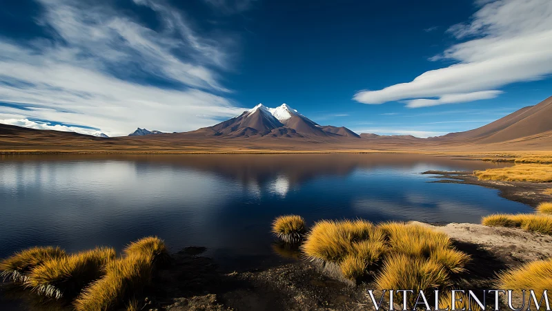 High-altitude volcanic lake with mirrored snowcapped massif.