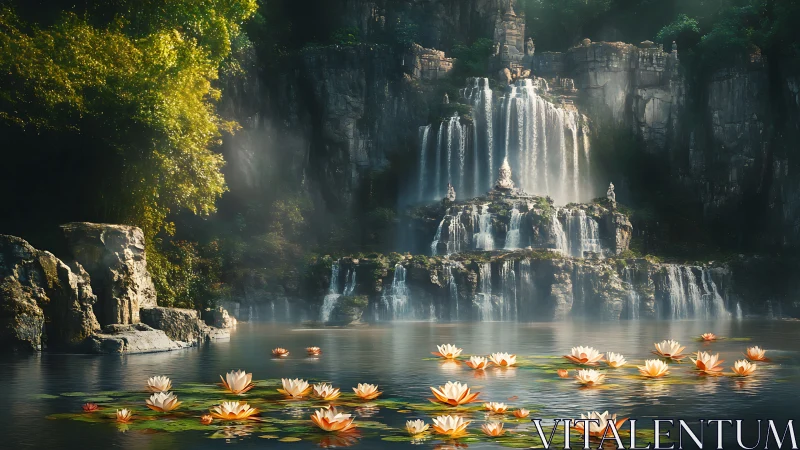 Mystic tiered waterfall with glowing lotus blossom pool